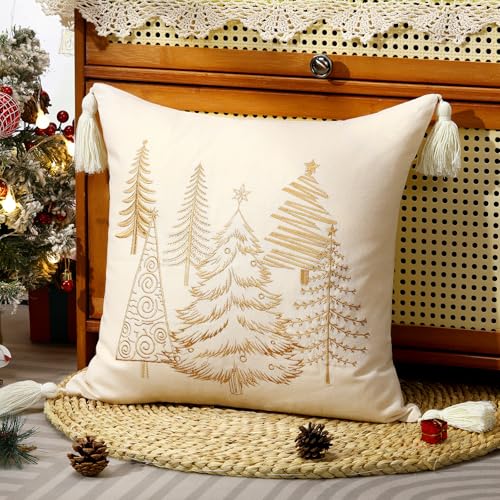 Lewondr Weihnachten Kissenbezug, 1 Stück 45×45CM DWeihnachtsbäume...