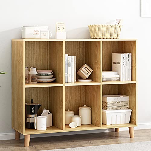 Image of IOTXY Freestanding Open Cubes Bookcase - 2-Tier Floor Standing Wooden Storage Display Cabinet Organizer with Legs for Home Office, 6-Cubes Open Shelf Low Short Bookshelf, Oak