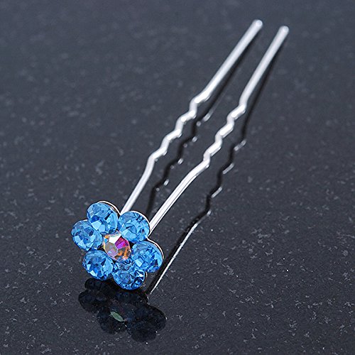 Miniatura 8 de Juego de 6 horquillas para noviabodabailefiesta de cristal austriaco azul cielo margarita flor en tono plateado