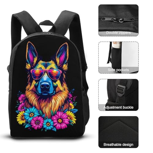 Colorful Dog Floral Sunglasses Backpack Set 3 Pieces Backpacks Lunch Bag Wallet For Travel Outdoor Sports3