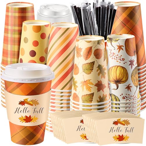 Sunnychicc 120 Sets Thanksgiving Disposable Coffee Cups with Lids and