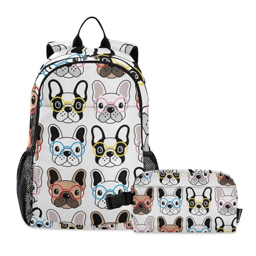 Mnsruu Set di 2 zaini per la scuola con occhiali, bulldog francese, con borsa per il pranzo, borse per libri per ragazze e ragazzi scuola media zaino per laptop da 15,6 pollici, Multicolore, Taglia