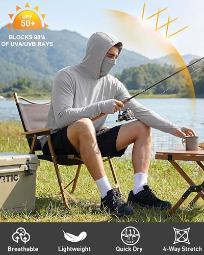 Image of FISHEAL Men's Performance Fishing Hoodie Shirt - UPF 50+ UV Sun Protection Long Sleeve Shirts with Mesh Face Mask