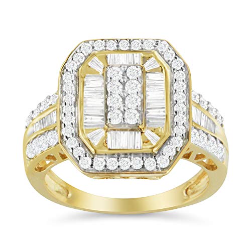 Original Classics 10K Yellow Gold 1.0 Cttw Diamond Vintage Inspired Baguette-Cut Double Halo Emerald-Shaped Frame Cocktail Ring (I-J Color, I1-I2 Clarity) - Size 7-1/2