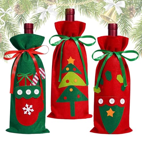 Sionhiuo Bolsas De Vino Navideñas,Fieltro 3 Piezas Cubierta Para Botella De Vino,Sacos De Navidad Con Cordón - Para Niños Y Niñas Fiestas Regalos Dulces Y Embalaje Festivo