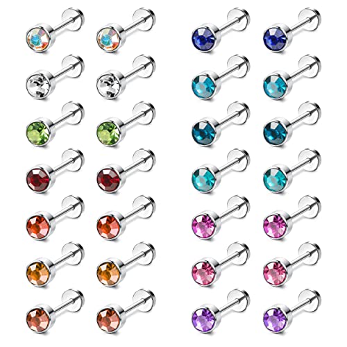LOYALLOOK 14Pairs Stainless Steel CZ Stud Earrings for Women Men Multicolor Cubic Zirconia Flatback Earrings Pave Crystal Disco Ball Earrings with Flatback Cartilage Helix Earrings Set 20G