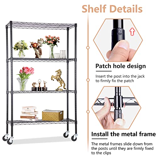 Image of BestOffice | 4-Tier Wire Storage Shelves with Wheels | 36x14x62 | Black | Adjustable Racks | Heavy-Duty Metal Shelf, Holds Upto 500 lbs | No-Tool Assembly | Ideal for Home & Garage Shelving