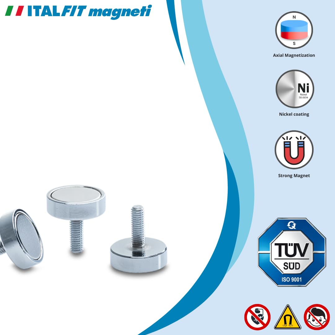 ITALFIT MAGNETI - 12 Pezzi di Calamite Potenti avvitabili 15x5 mm, Forza 9 Kg - Magneti piccoli con Gambo Filettato M4 - Magnete in Neodimio con vite, ideale per Industria, Artigianato e Decorazioni