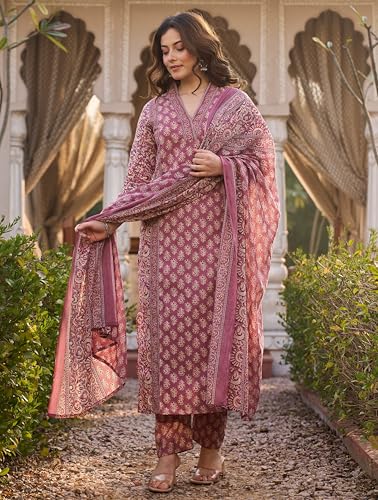 Image of Arayna Women's Cotton Printed Kurta Set with Pants & Dupatta | Elegant Ethnic Wear for Women | Floral Print | Comfortable Suit Set