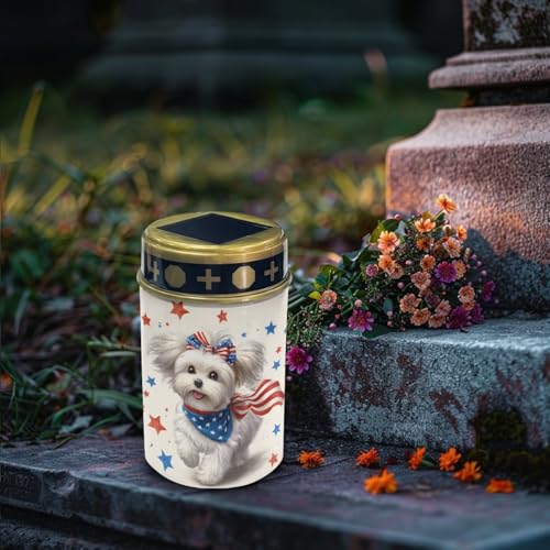 Image of Poceacles Maltese Dog American Flag Star Solar Powered Outdoor Lights 4th of July Cemetery Solar Memorial Lights Outdoor Waterproof Landscape Candles for USA 250th Anniversary Decor, 6 PCS