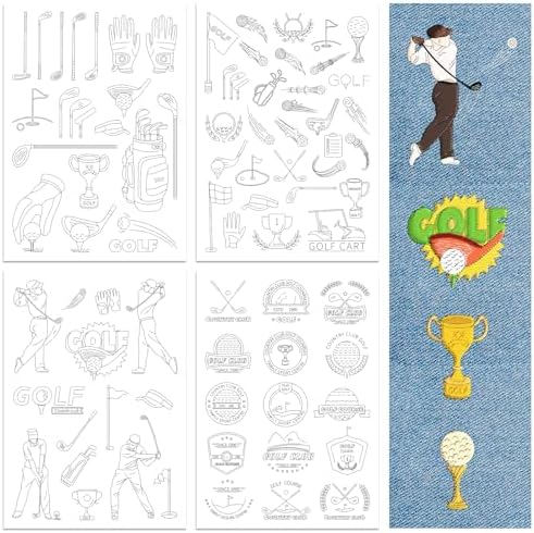 Peacoblue Water Soluble Embroidery Patterns for Beginners 4 Sheets with 79 Patterns for Hat Jeans Clothes Backpack, Wash Away Embroidery Pattern Stabilizer for Hand Sewing Lover Women Men Adults(Golf)