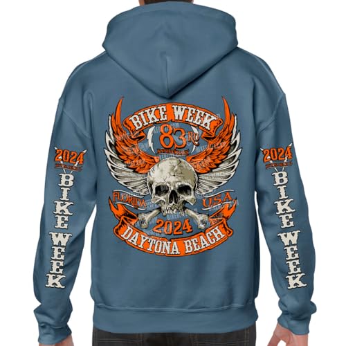 Biker Life Clothing 2024 Bike Week Daytona Beach Orange Skull Wings Pullover Hoodie