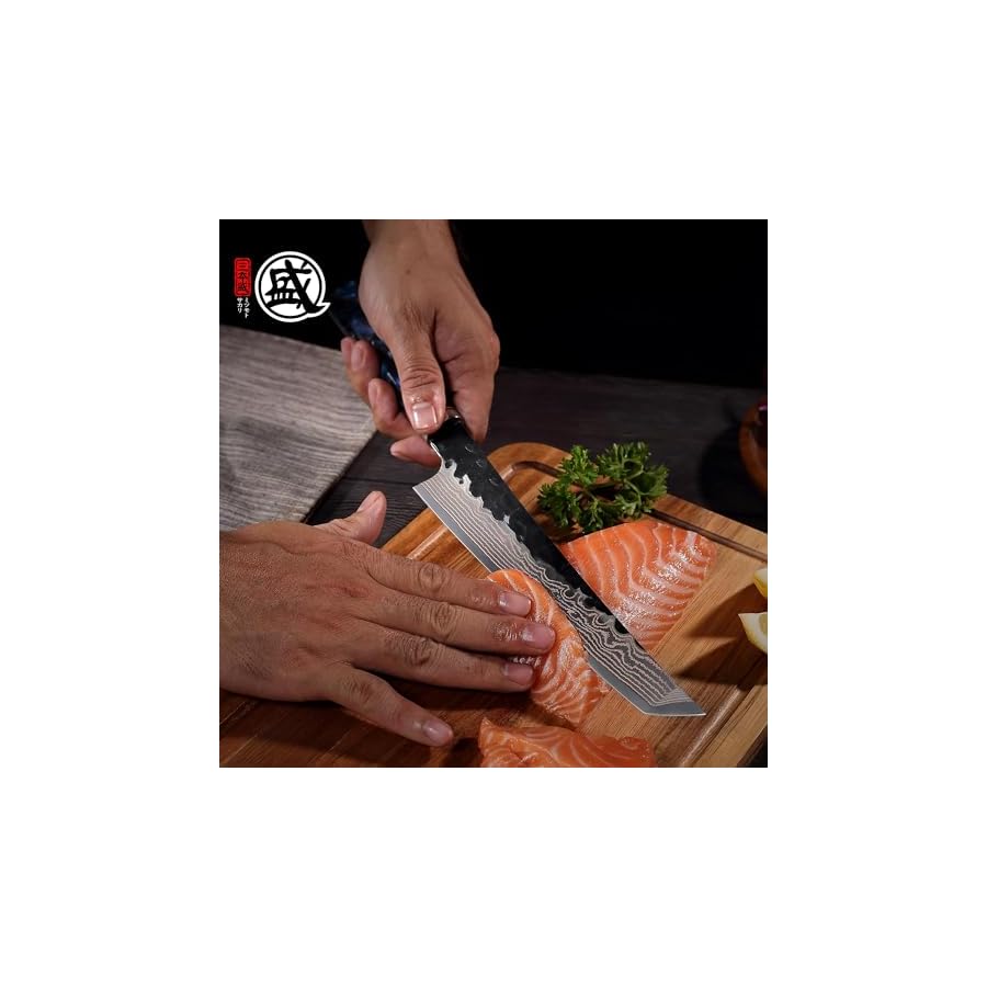 MITSUMOTO SAKARI 8 inch Japanese Kiritsuke Chef Knife, Hand Forged VG-10 Damascus Kitchen Knife, Professional Meat Sushi Chef’s Knife (Blue Resin Handle & Sandalwood Box)