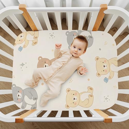 Image of Cute Bear Pattern Crib Sheets Stretchy Portable Sheets for Baby Toddler Breathable Soft Crib Mattress Sheet for Girls Boys