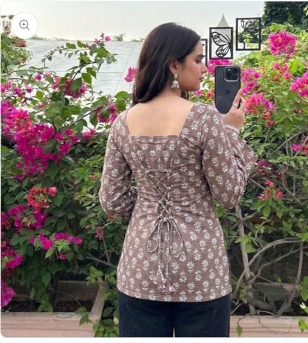 Image of Women's Rayon Printed Short Kurti | Straight Fit Casual Ethnic Top | Square Neck Full Sleeve Ladies Kurti Office College