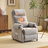 Bonnlo Recliner Armchair with Wheels Electric Reclining Chair with Massage & Heat, Hight Back Chair with Adjustable Footrest, Side Pockets for Living Room, Bedroom, Remote Control, Fabric, Light Grey