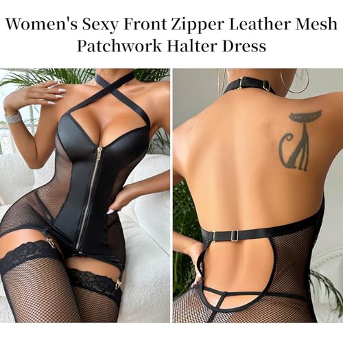 PARUPRUP Damen Lederkleid Sexy Lackleder Kleid Große Größen Wetlook Strapsen Dessous mit Reißverschluss Curvy Minikleid Kurz Dress Ärmellos Lackkleid (S)