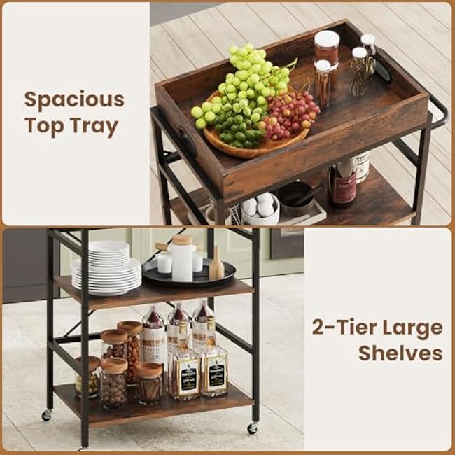 Small Kitchen Cart, 3 Tier Rolling Cart with Removable Tray & Handle Rack, Wood Kitchen Storage Islands & Carts with Metal Frame, Industrial Kitchen Utility Cart for Patio, Restaurant, Hotel-eAK573FI
