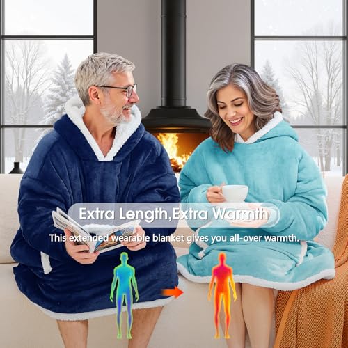 JOYWOO Turquoise Teal Wearable Blanket Hoodie, Oversized Cat Lovers Sweatshirt Blanket for Adult & Teens, Birthday Gifts for Women Men Mom Girl Boys,Cozy Sherpa Fuzzy Blanket Giant Pocket Gifts,Small