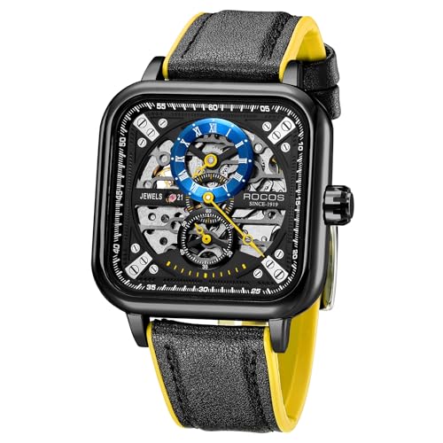 Image of ROCOSJEWE Automatic Watches for Men Skeleton Mechanical Watch Stainless Waterproof Anti Shock Casual Analog Dress Watch Leather Band Vintage Square Ultra Thin Business Wristwatch R0917