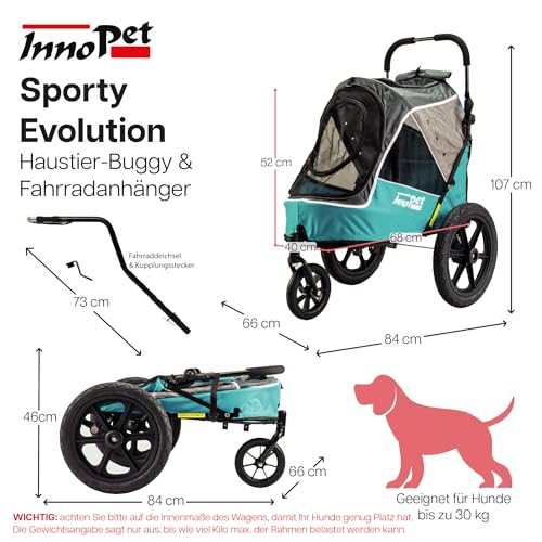 Hundebuggy & Hundeanhänger für Fahrrad - Innopet Sporty Evolution Ozeanblau - Blau/Grau, mit Regenschutz - mit Regenschutz, Deichsel & Fahrradkit, Faltbarer Hundewagen