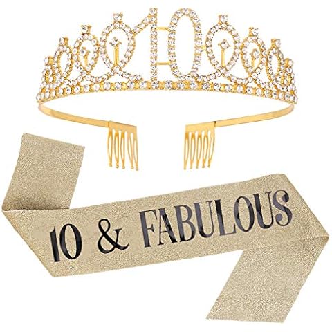 SUSSURRO "10 and Fabulous Sash and Rhinestone Tiara Set,10th Birthday Gifts Birthday Sash for Women Birthday Party Supplies( Gold) Cover