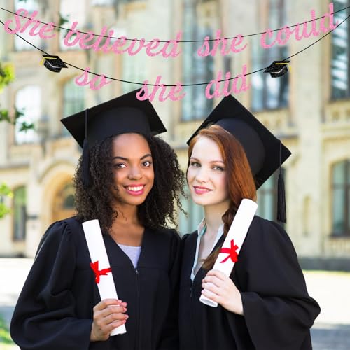 Image of Hoogict She Believed She Could So She Did Pink Graduation Banner Decorations She Did lt Banner for Girls Women Class of 2026 Congrats Grad Sign College Graduation Party Decorations