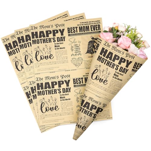 RUSPEPA 10 Sheets Kraft Newspaper Mothers Day Flower Wrapping Paper Rustic Retro Brown Best Mom Ever Vintage Newspaper Style Kraft Floral Bouquet Wrap for Florist Mom Grandma Wife Mothers Day