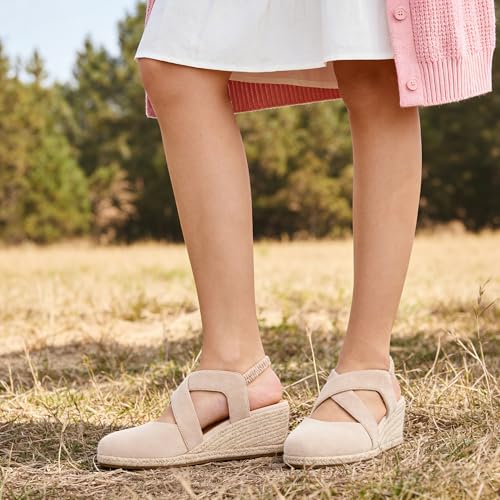 Image of HARENCE Espadrilles Wedge Sandals for Women: Comfortable Closed Toe Ankle Strap Elastic Shoes Summer Dressy Platform Heels