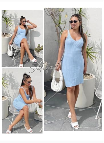 Image of Sidefeel Womens Fall Dresses V Neck Ribbed Knit Tank Mini Date Night Dress