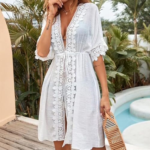 Women's Boho Bathing Suit Cover Up Lace Floral Crochet Sheer Open Front Long Kimono Bikini Cardigan Beach Dress2