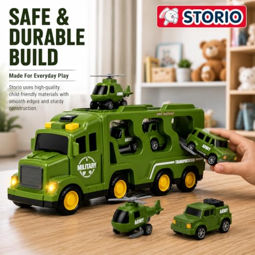 Image of Storio 5 in 1 Military Army Truck Toy for Kids 3-5 Years Boys | Transport Carrier Vehicle Set with Tank Helicopter Combat Cars | Friction Powered Light Sound Toys for 3 4 5 6 7 Years Old