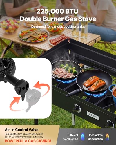 Image of VEVOR 3 Burner Outdoor Propane Gas Stove, 225,000 BTU Propane LPG Gas Camping Stove, Heavy-duty Carbon Steel Outdoor Cooker, with Shield & Tall Stand & Regulator, for BBQ Camp Home Patio Backyard