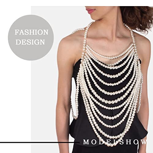 Pearls Body Chain Bra Sexy Shawl Necklace Pearl Tops Halter Shoulder Chain Beaded Backless Chest Chains Rave Body Jewelry Festival Party Summer Beach3