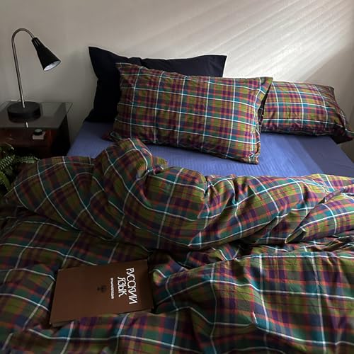 Image of EAVD Vintage Buffalo Plaid Duvet Cover Twin Soft 100% Washed Cotton 3-Piece Colorful Checkered Grid Bedding Set for Boys Girls Reversible Retro Gingham Comforter Cover with Zipper Closure