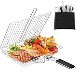 Pleafind Grill Basket Set - 8 PCS, Portable BBQ Grilling Basket with Removable Handle, Stainless Steel Grill Baskets for Outdoor Grill, Includes Silicon Brush, Steel Clip and 4 Skewers