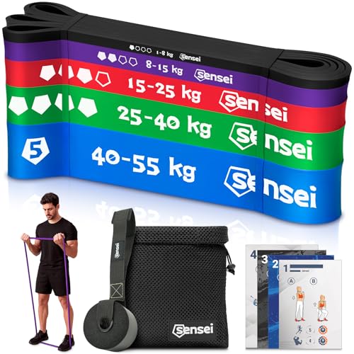 SENSEI Resistance Bands (1 55 kg) – Gomas Elásticas Musculación para Entrenamiento Pesado – Incluye Bolsa y E Book – Set de 5 con Anclaje de Puerta