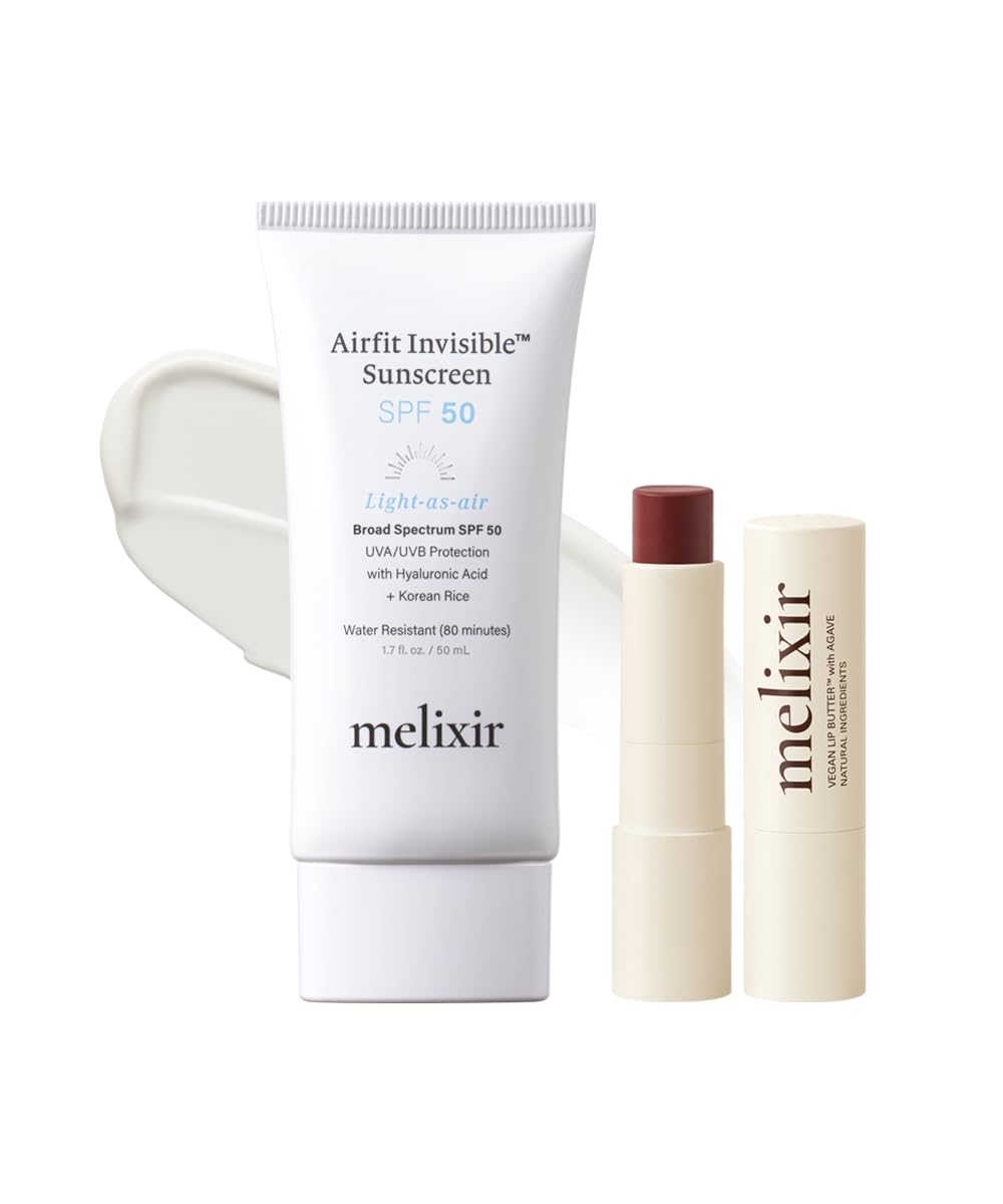 Melixir Best Seller Duo – Vegan Lip Butter #03 Red Velvet & Airfit Invisible Sunscreen, Hydrating Lip Balm for Dry Lips, Korean Rice Sunscreen with No White Cast, Gift for Women, Travel Essential