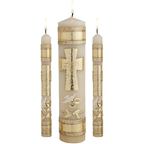 CB Church Supply Hand Crafted Wedding Candle Set by Will & Baumer, Set of 3, Cross & Rings Cover