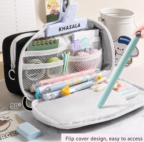 Image of Khasala Brothers Canvas School Pencil Pouch Bag 3 Layer 6 Compartment Large Capacity, Pencil Pouch for Stationary, Cute Stationery for Kids, Pencil Case for Kids (Lucky Black)