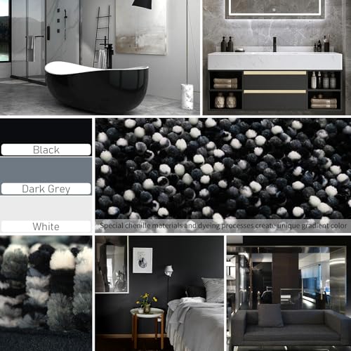 Image of Yimobra Luxury Chenille U-Shaped Toilet Rug, Super Soft Shaggy Contour Bath Mat for Bathroom Floor, Fluffy, Water Absorbent, Non Slip, Machine Washable, Dry Quickly, 24''x 20'', Black & Dark Grey