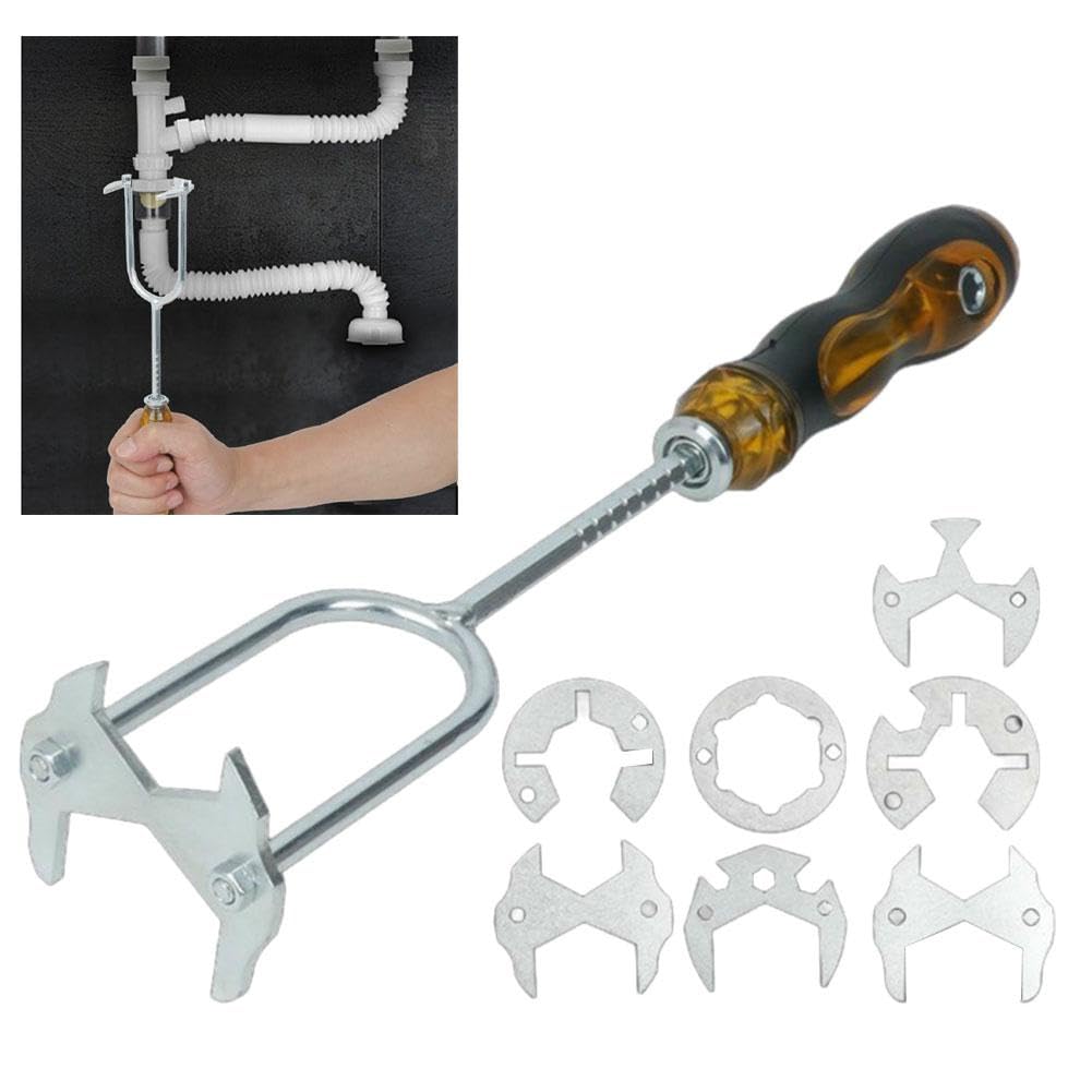 21-in-1 Telescopic Multifunctional Sink & Faucet Installer Wrench,Adjustable Plumber Maintenance Tool with 7 Interchangeable Die Heads, Tight Space Faucet Wrench for Farmhouse