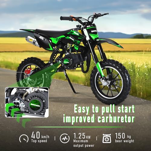 Image of 2026 New 50cc Dirt Bike for Kids 2-Stroke, Toddler Gas Powered Mini Bike with Front Rear Disc Brakes, Speeds up to 40KM /H, Gas Motorcycle for Children, Ideal Gifts for Boys Girls, Blue (Green)