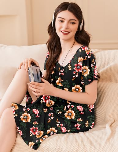 Image of Ekouaer Women's Nightshirt Short Sleeve Button Down Nightgown V-Neck Sleepwear Pajama Dress