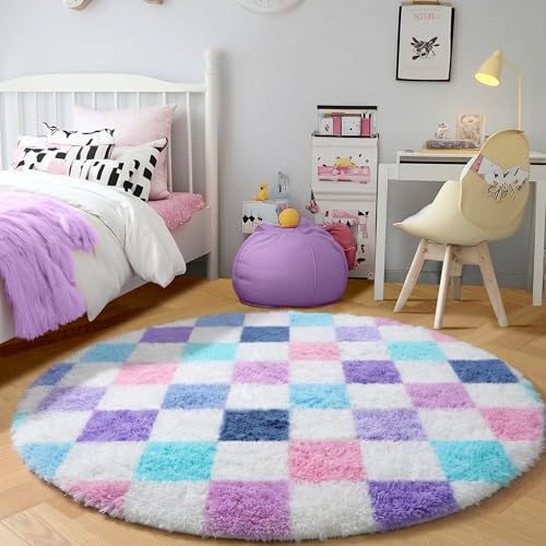 Image of KICMOR Purple Rainbow Round Rugs 5ft for Bedroom Living Room, Cute Fluffy Soft Circle Area Rug Fuzzy Shag Shaggy Carpet, Circular Checkered Rug for Teen Kids Girls Boys Nursery Home Decor Aesthetic