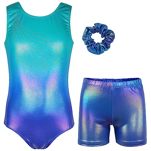 Image of MODAFANS Leotards for Girls Gymnastics with Shorts Dance unitards Tumbling Biketards with Hair Scrunchie for3-13T