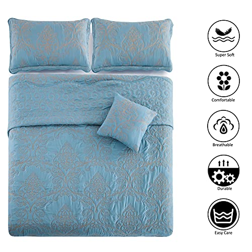 Home Soft Things Damask 4 Piece Bedspread Set,Scalloped Edge Reversible Coverlet Comforter Prewashed Bedding Set, Matelasse Embossed Floral Solid Pattern,Forget Me Not Oversize King(120" X 120") #TOP1