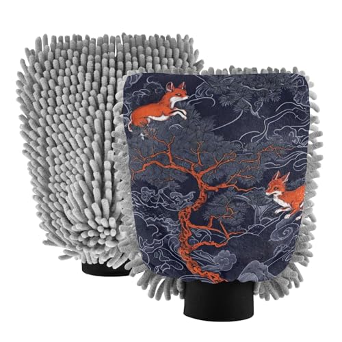 IOACIY Absorbent Microfiber Car Wash Drying Mitts, 2 Pack, Scratch-Free & Lint-Free, Rich Foam, Highly Absorbent, Double Sided, Wash Mitt Perfect for Car Washing, L, Fox (4)