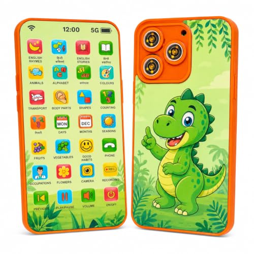 Image of Mashes Educational Mobile Phone Toy for Kids | 28 Functions Learning Toy with Multilingual Sounds, Counting, Flash Light | Interactive Toy for Toddlers (Hindi & English Theme Green Dino)