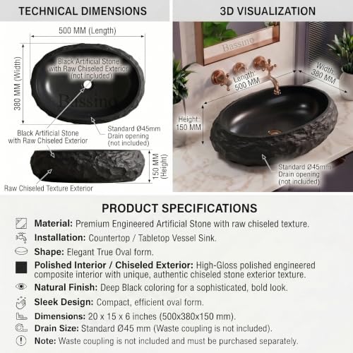 Image of BASSINO 20x15x6 Inches Artificial Stone Table Top Washbasin /Black Stone Texture Luxury Countertop Sink /Modern Rock Finish Wash Basin for Home-Hotel /Small Designer Oval Shape Basin for Bathroom(Matte)